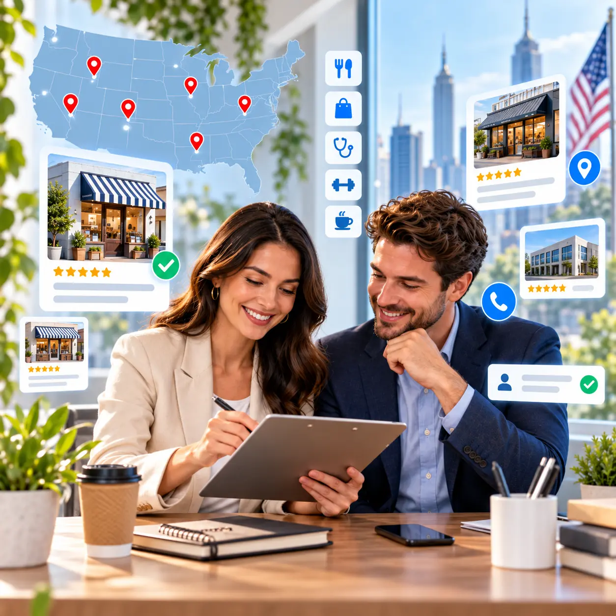 A business owner and a customer reviewing verified VOREU listings together